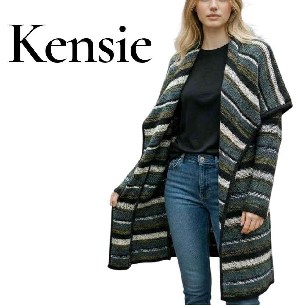 Kensie Striped Open Front Duster Cardigan XS S Boho Shawl Collar Long Sweater